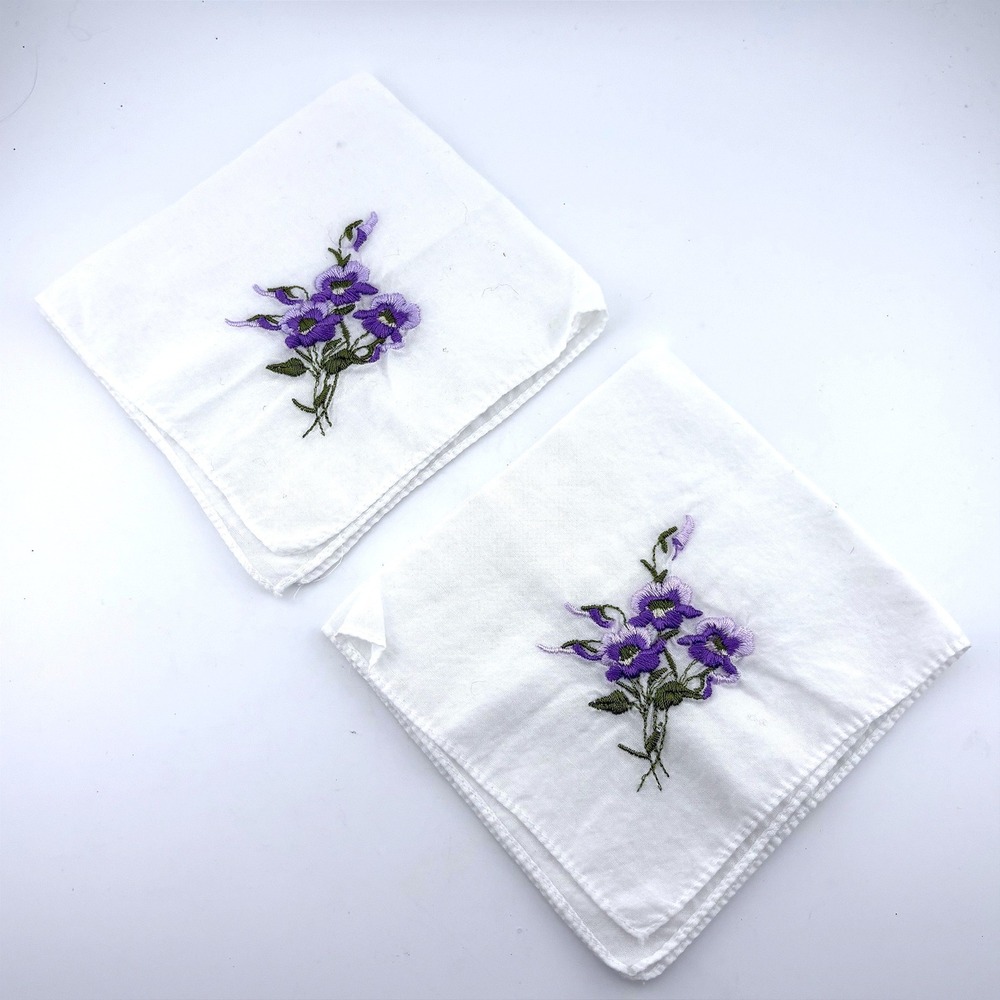 Vintage White Cotton Handkerchiefs Set of 2 Purple Floral Embroidery Square